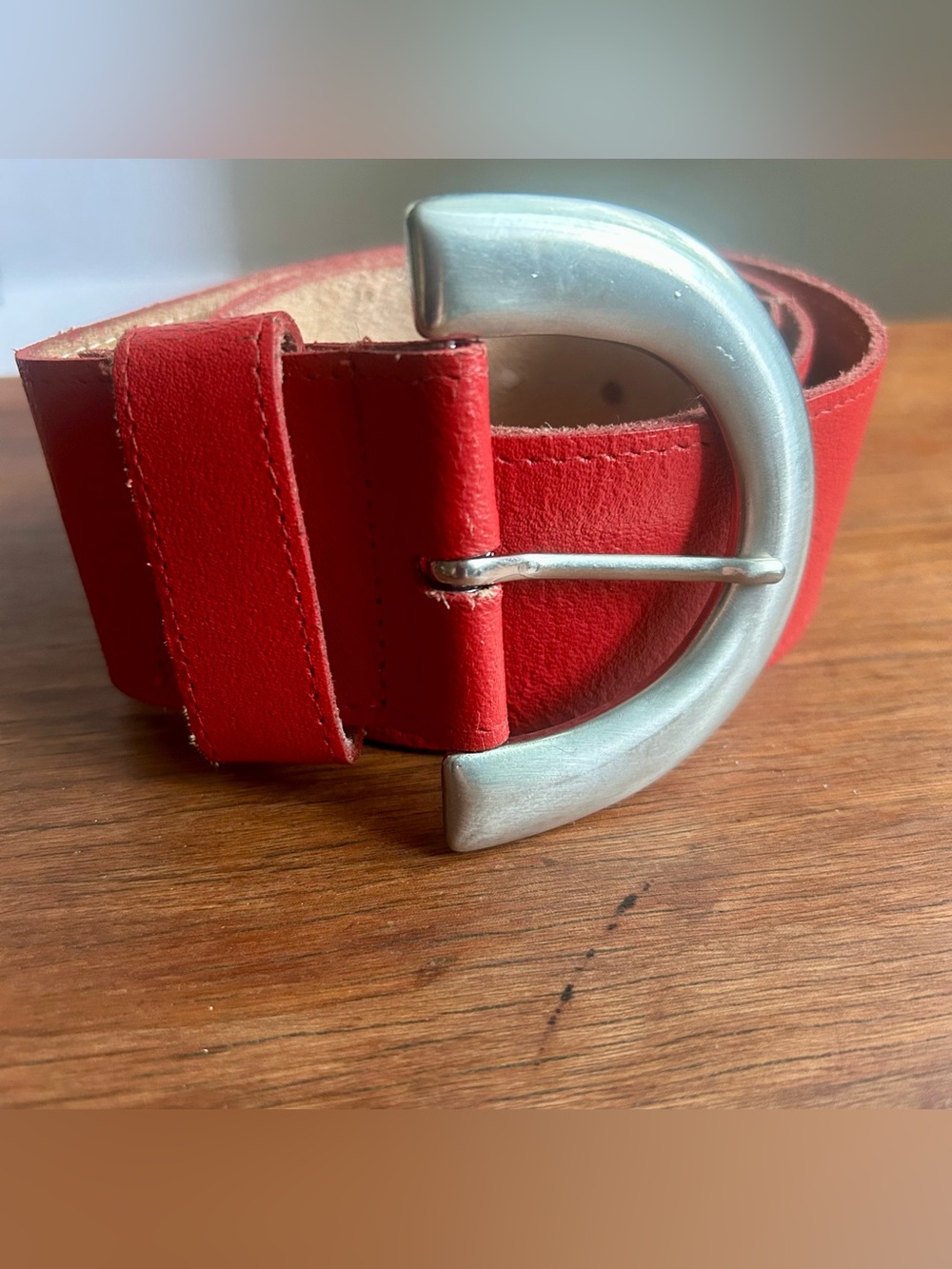 Authentic vintage Au Coton red leather belt, proudly made in Canada.